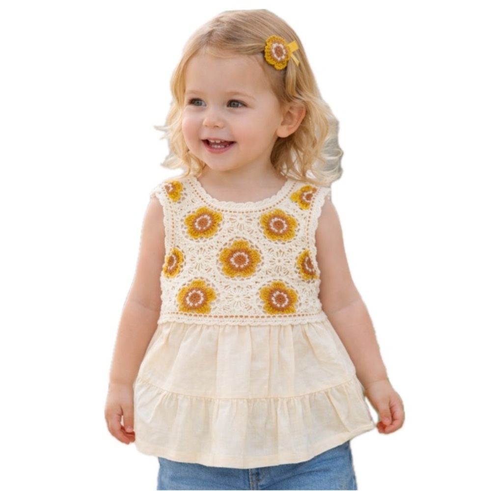 C&C California,  Cream Crochet Tank and bow with Yellow Trim, Size 2